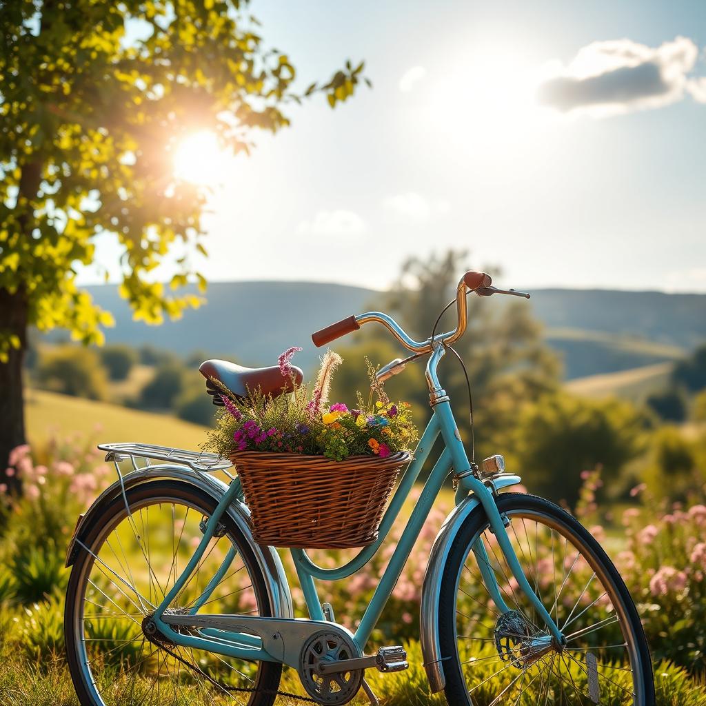 A beautiful vintage bicycle parked in a picturesque scene featuring lush green trees and blooming flowers