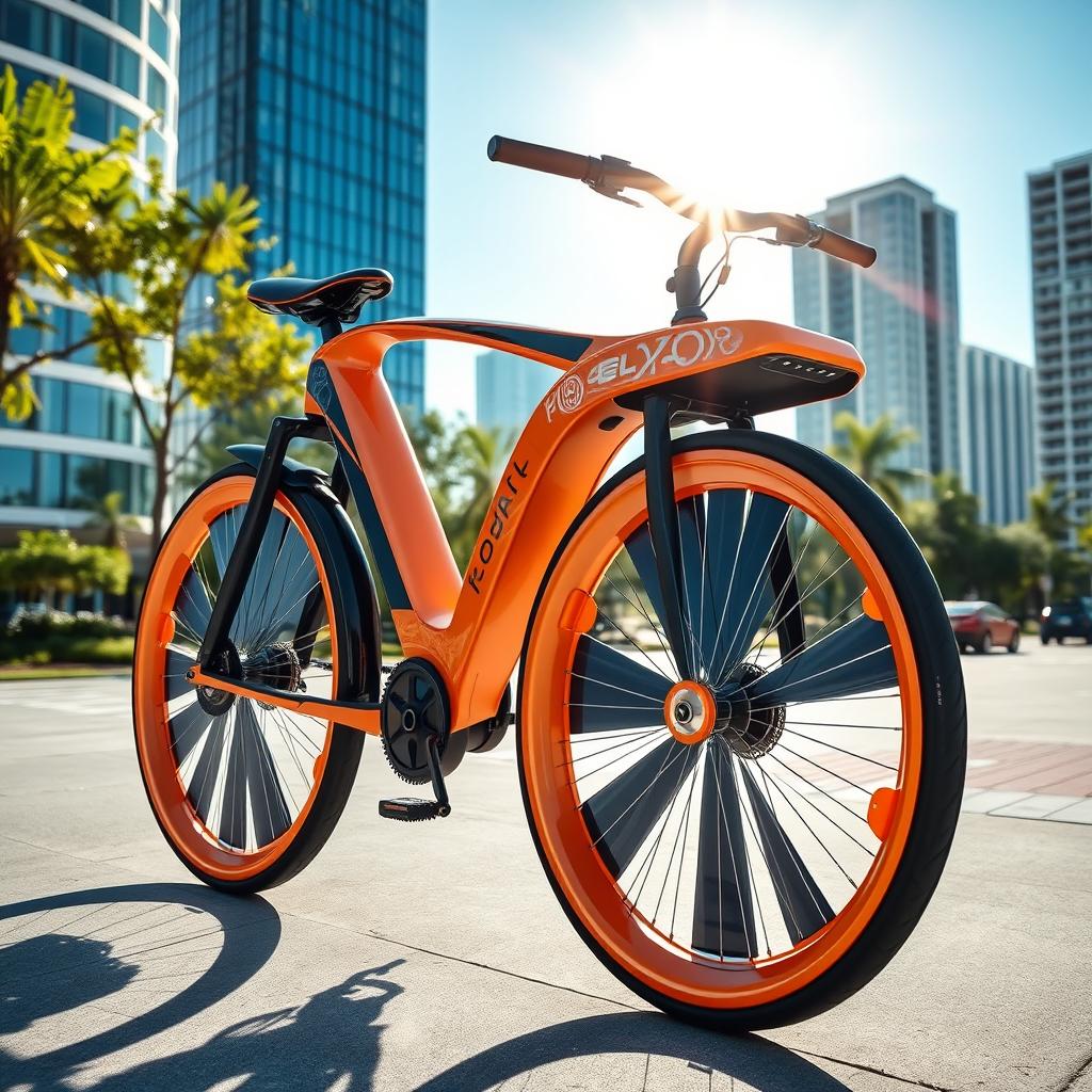 A futuristic bicycle equipped with solar panels that elegantly cover the wheels