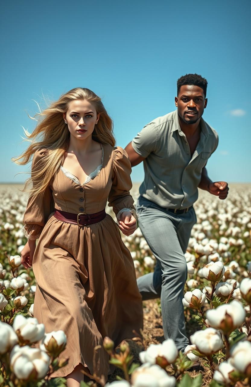 A poignant and powerful scene set in a cotton field during the Victorian era, featuring a young woman with long blonde hair and striking blue eyes