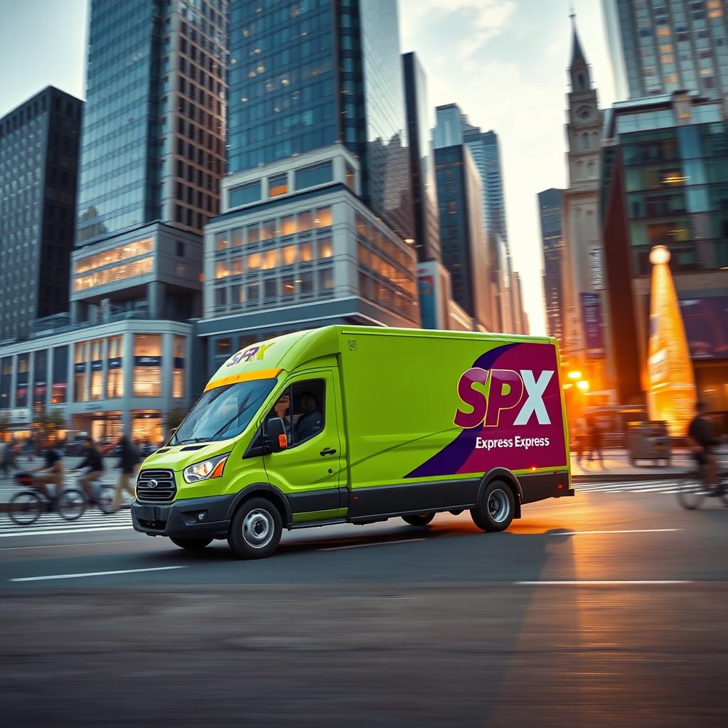 A vibrant and dynamic SPX Express delivery vehicle speeding through a modern urban landscape, showcasing the sleek design of the truck with bold colors and the SPX logo prominently displayed