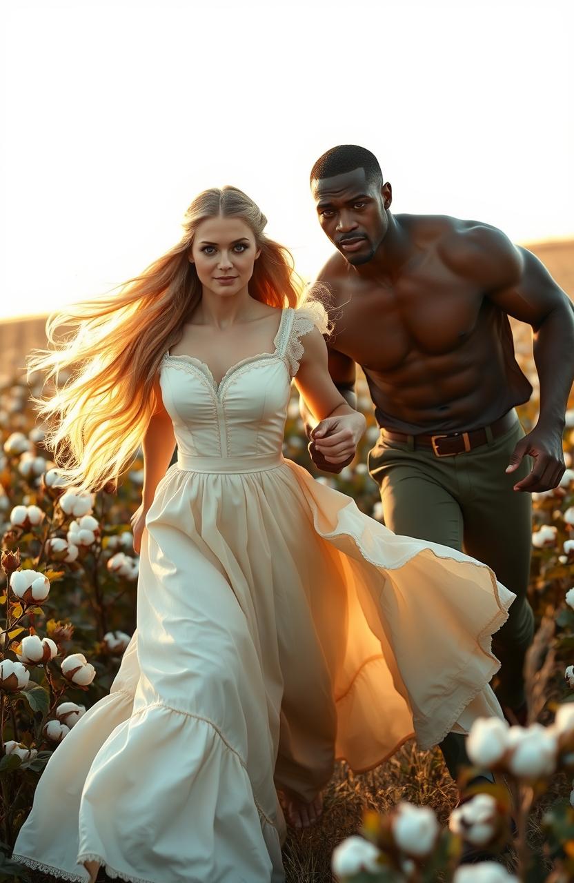 A beautiful young woman in Victorian clothing with long, flowing blonde hair and striking blue eyes, holding hands with a strong and handsome young Black man, muscular and athletic