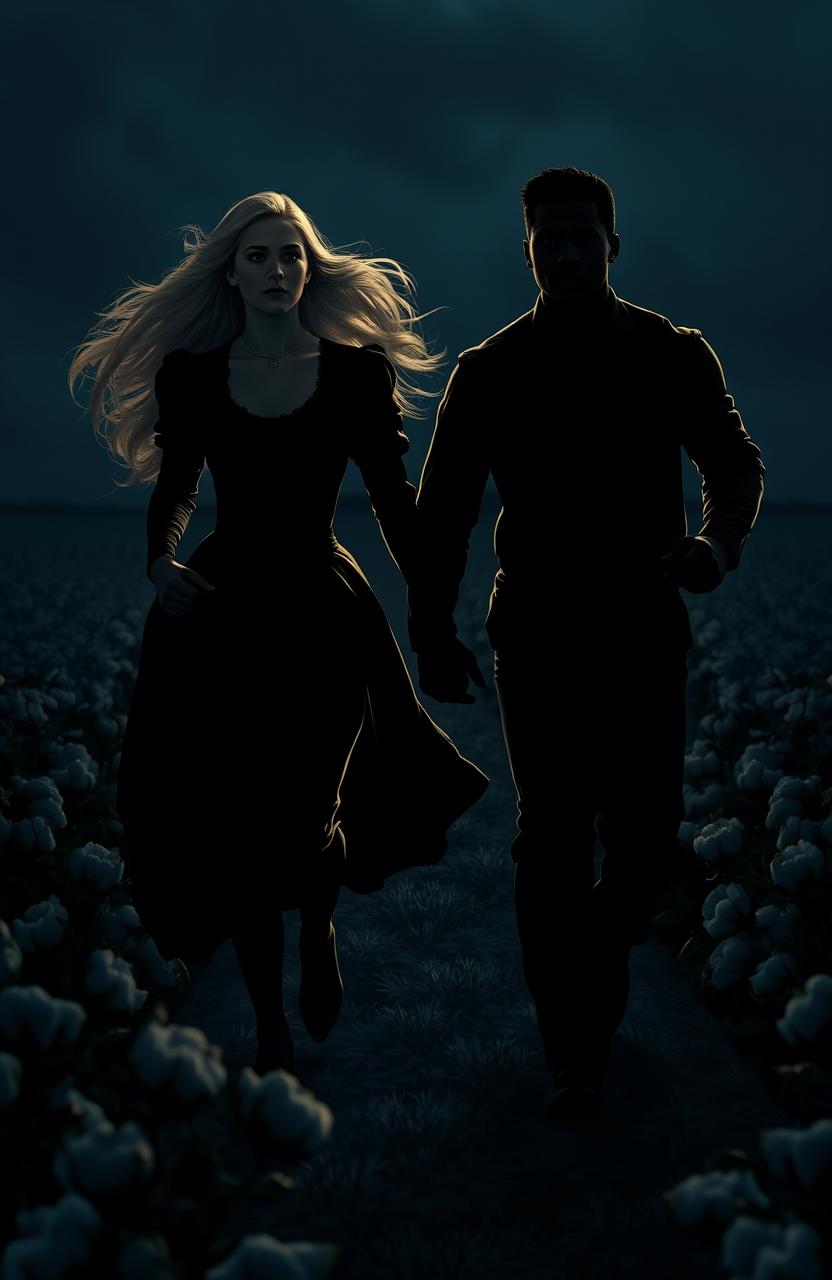 A dramatic and realistic silhouette of a beautiful young woman with long blonde hair and striking blue eyes, wearing elegant Victorian clothing