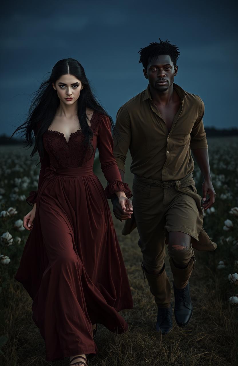 A beautiful young woman with long black hair and striking blue eyes, wearing elegant Victorian clothing, holding hands with a strong, handsome young black man dressed in tattered old clothes