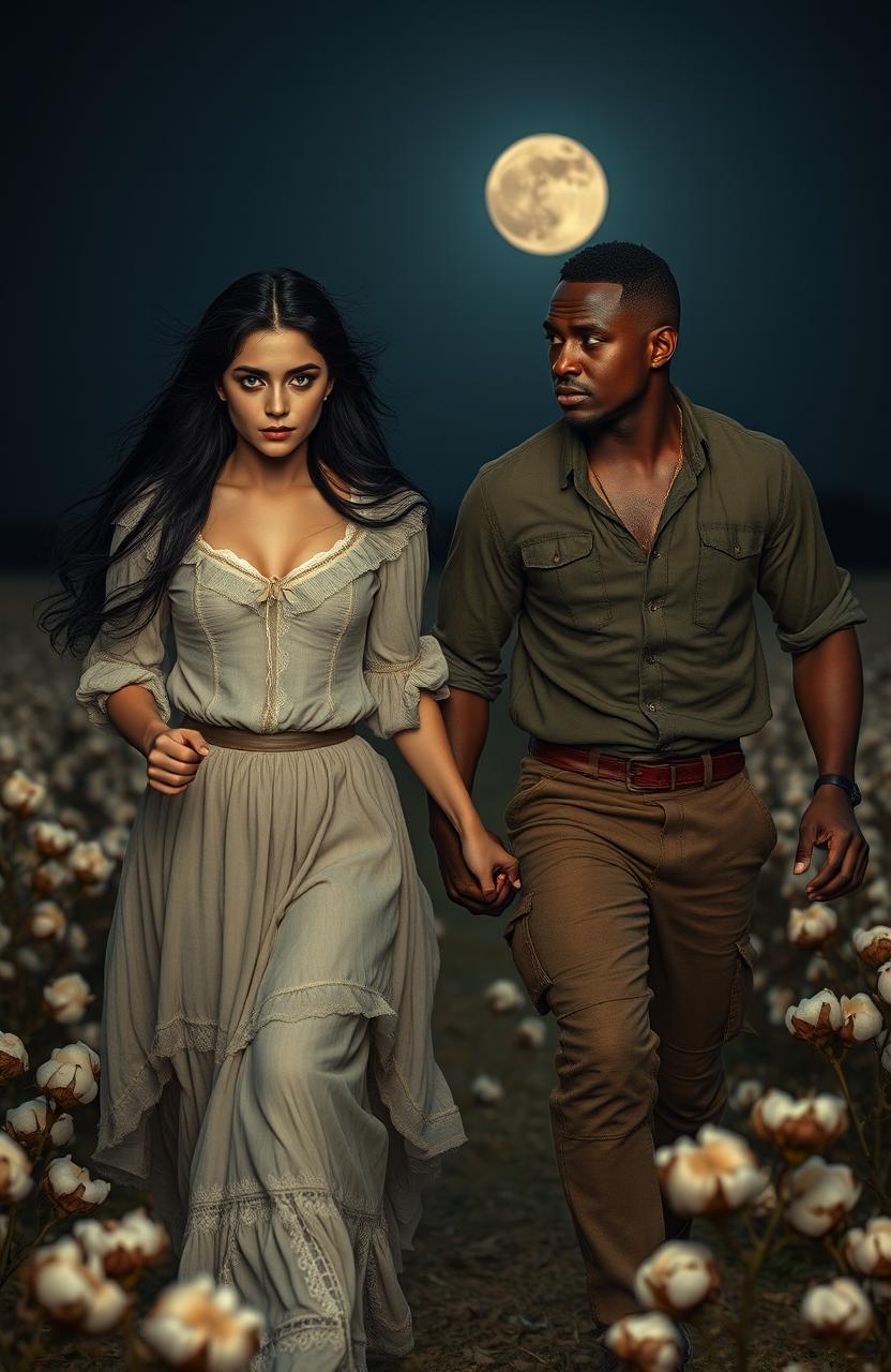 A beautiful young Victorian woman with long black hair and striking blue eyes, holding hands with a strong, handsome black man who has short, cropped hair