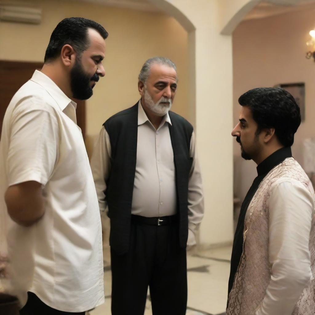 A tense scene where the father of a girl abruptly interrupts a man named Khaled, telling him that he's no different from the rest and will not marry his daughter, ending a visit on a note of rejection.