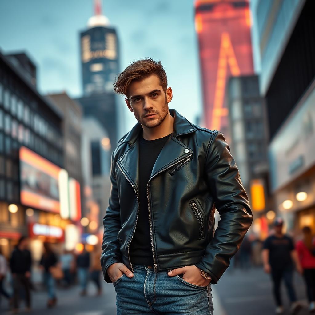 A strong and confident man standing in a dynamic urban environment, wearing a stylish black leather jacket and jeans, with a determined expression on his face