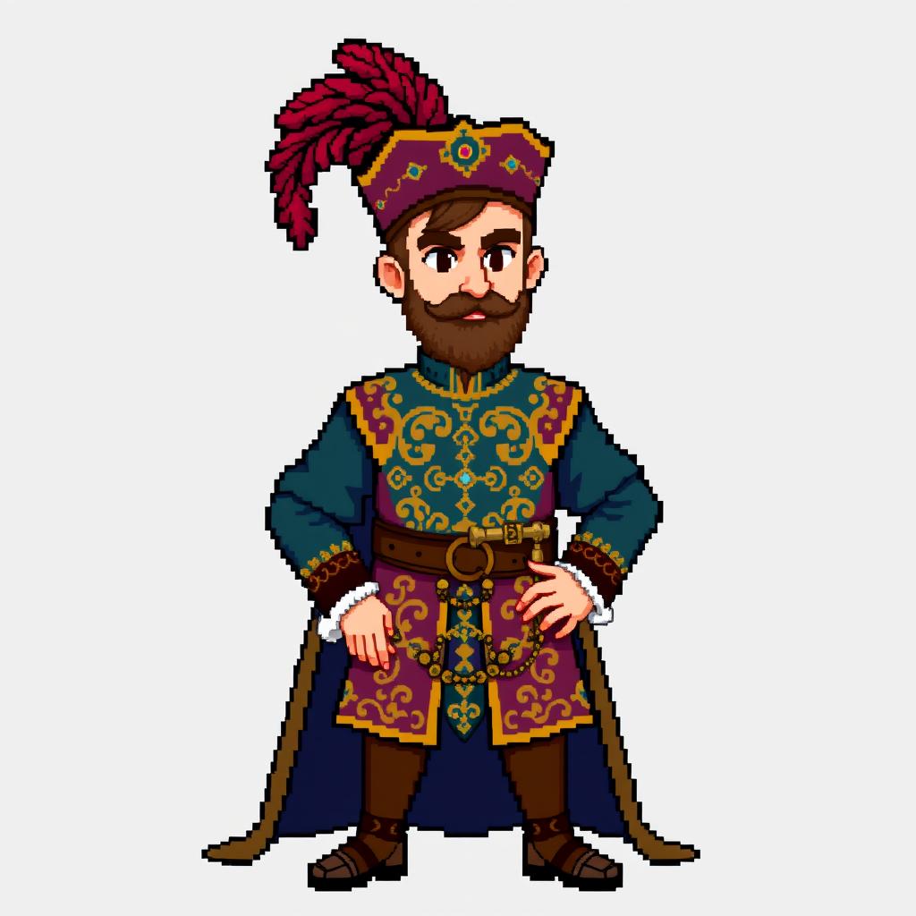 A 16-bit pixel art representation of a medieval courtier character, showcasing detailed attire including a richly colored tunic adorned with gold embroidery and an elaborate feathered cap