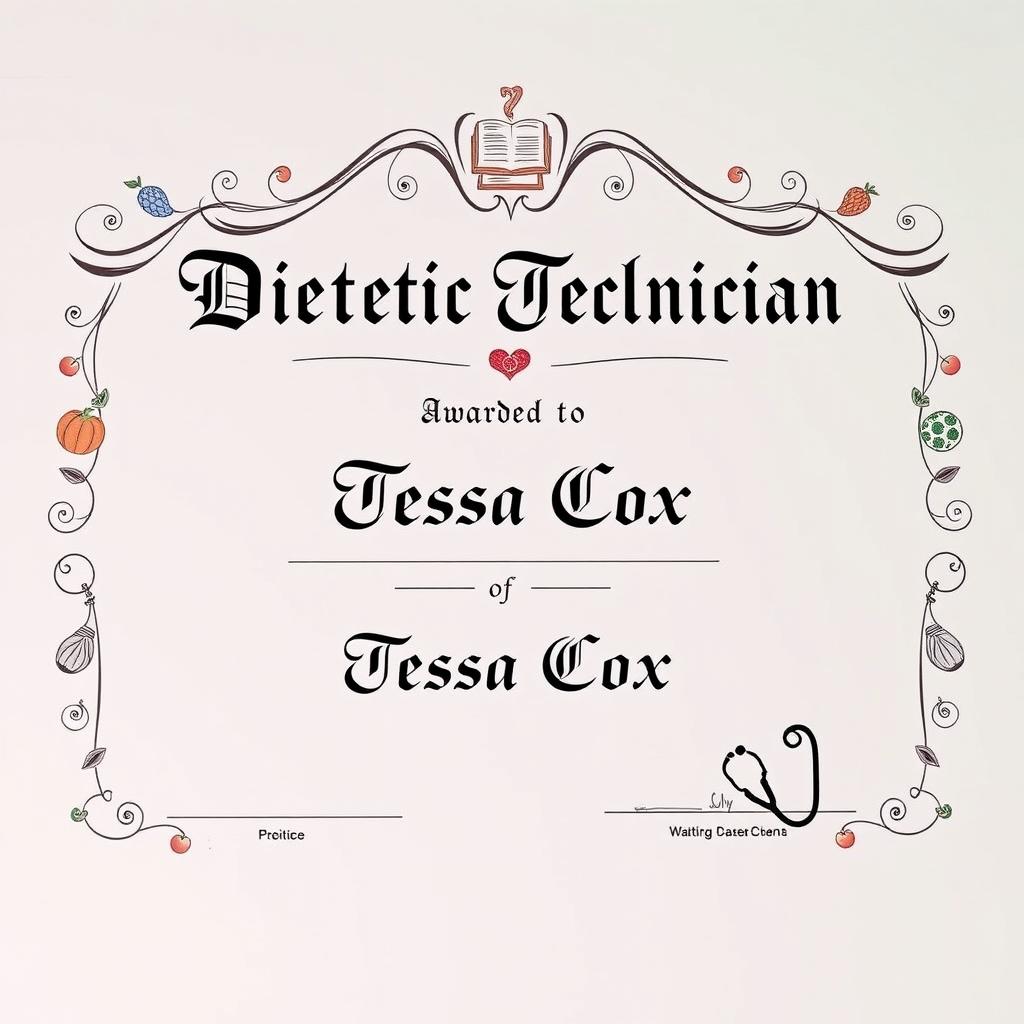 A beautifully designed diploma for a Dietetic Technician degree in the name of Tessa Cox