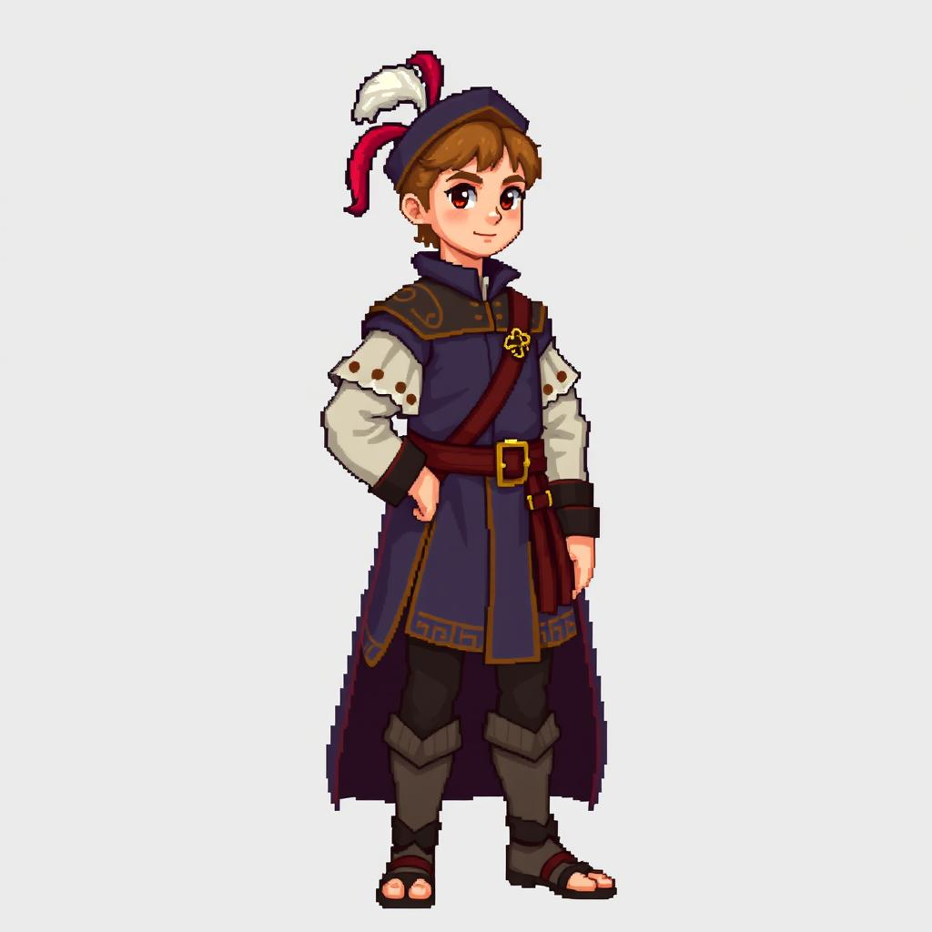 A 16-bit pixel art portrayal of a young medieval courtier, featuring a stylish outfit with a colorful tunic, a decorative belt, and a decorative feathered hat
