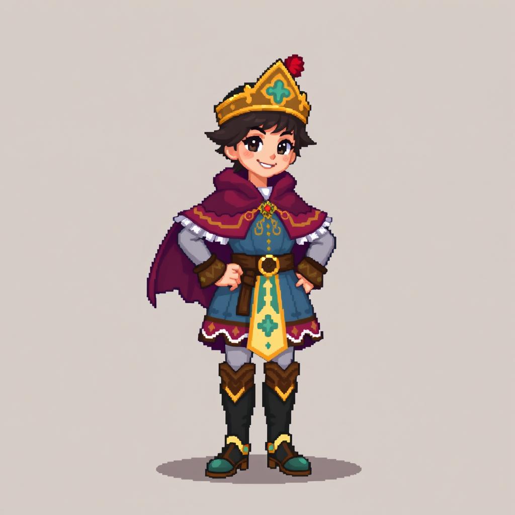 An 8-bit pixel art character of a teenage medieval courtier, featuring a colorful and intricately designed tunic with a short cape, stylish boots, and a feathered hat