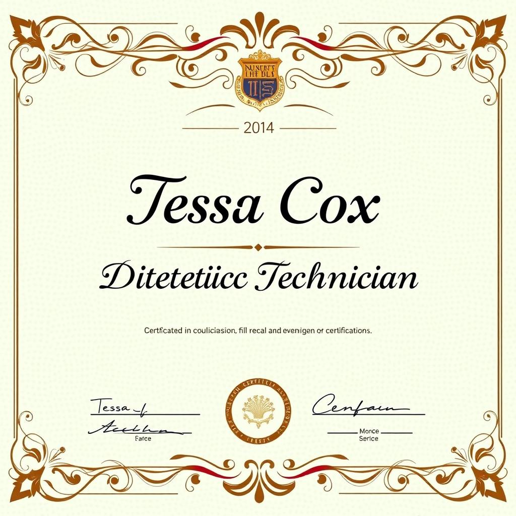A beautifully designed professional certificate awarded to Tessa Cox for her achievement in receiving a Dietetic Technician certification