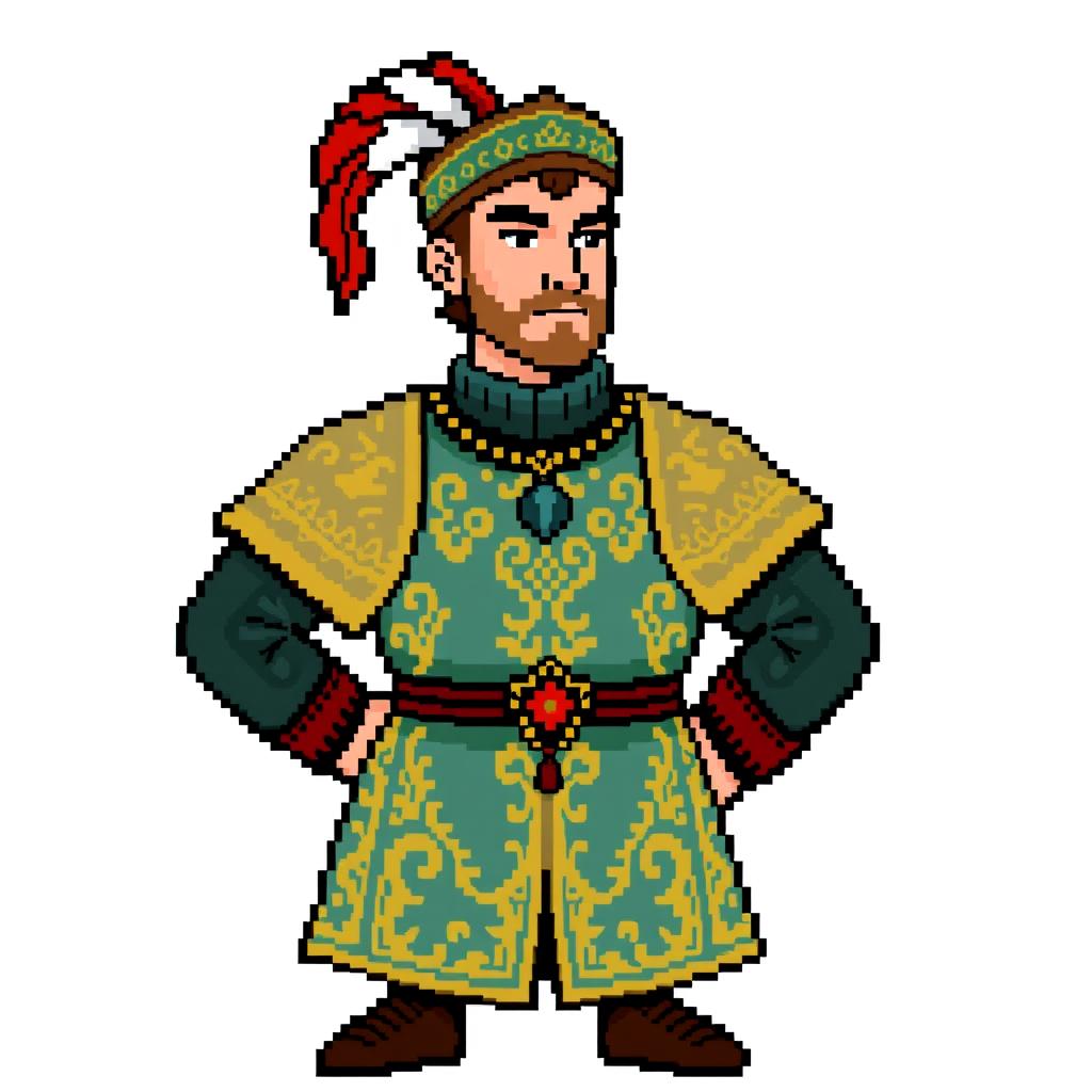 An 8-bit pixel art character of a male medieval courtier, featuring a stylish tunic with intricate patterns, a decorated belt, and a feathered cap