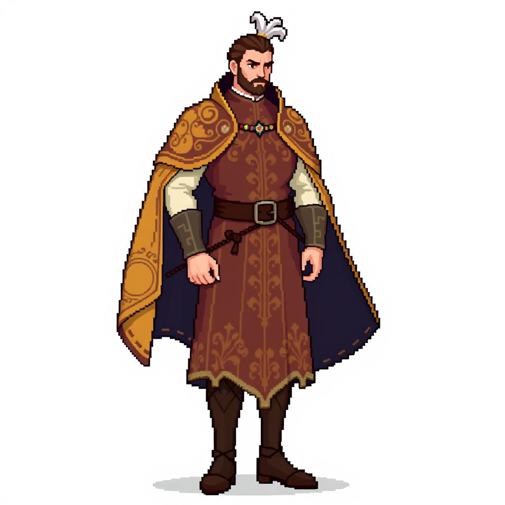An 8-bit pixel art character of a tall male medieval courtier, featuring an elegant long tunic adorned with ornate patterns and a royal cloak