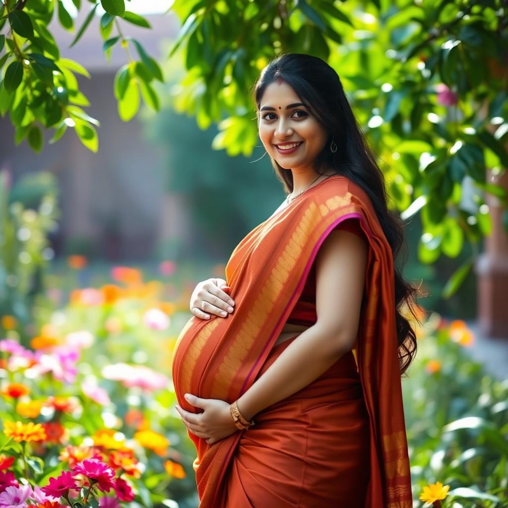 A serene portrait of an expectant Indian woman in a beautiful traditional sari, showcasing her glowing skin and vibrant attire
