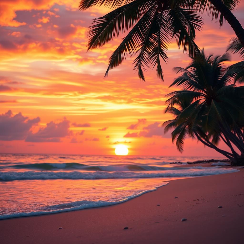 A vibrant sunset over a tranquil beach with palm trees swaying gently in the breeze