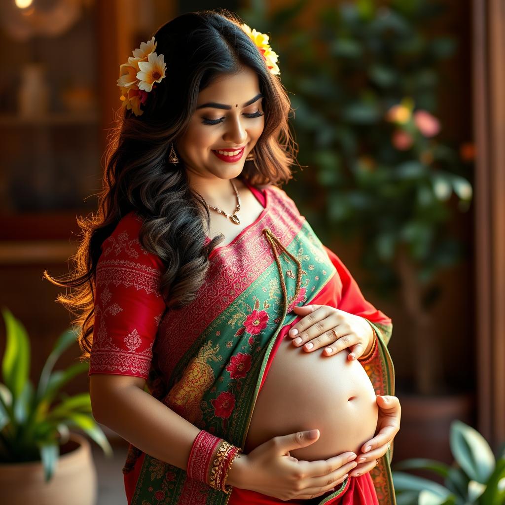 A beautiful Indian woman with a radiant glow, embracing her pregnancy