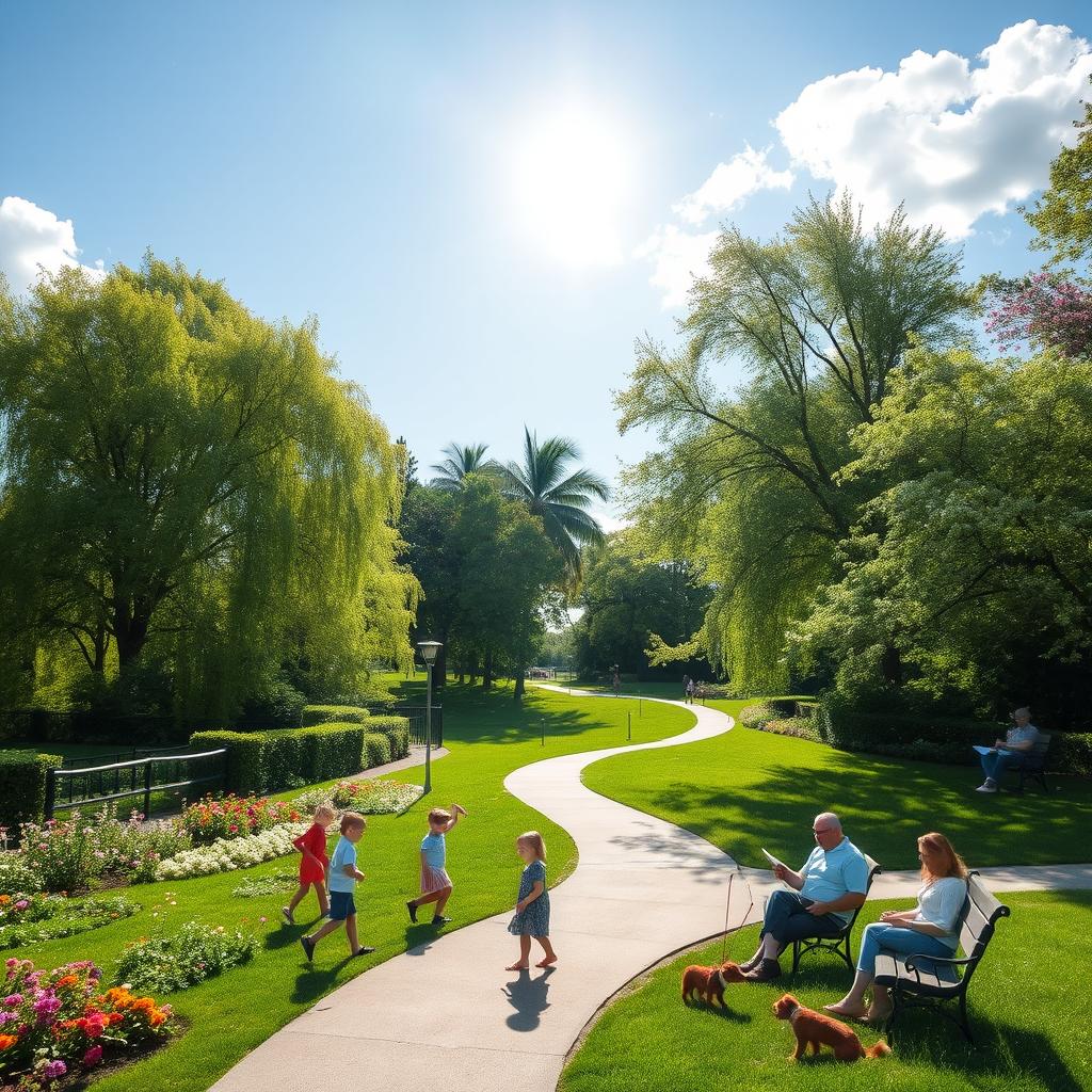A beautiful outdoor scene featuring a lush green park filled with blooming flowers in various colors