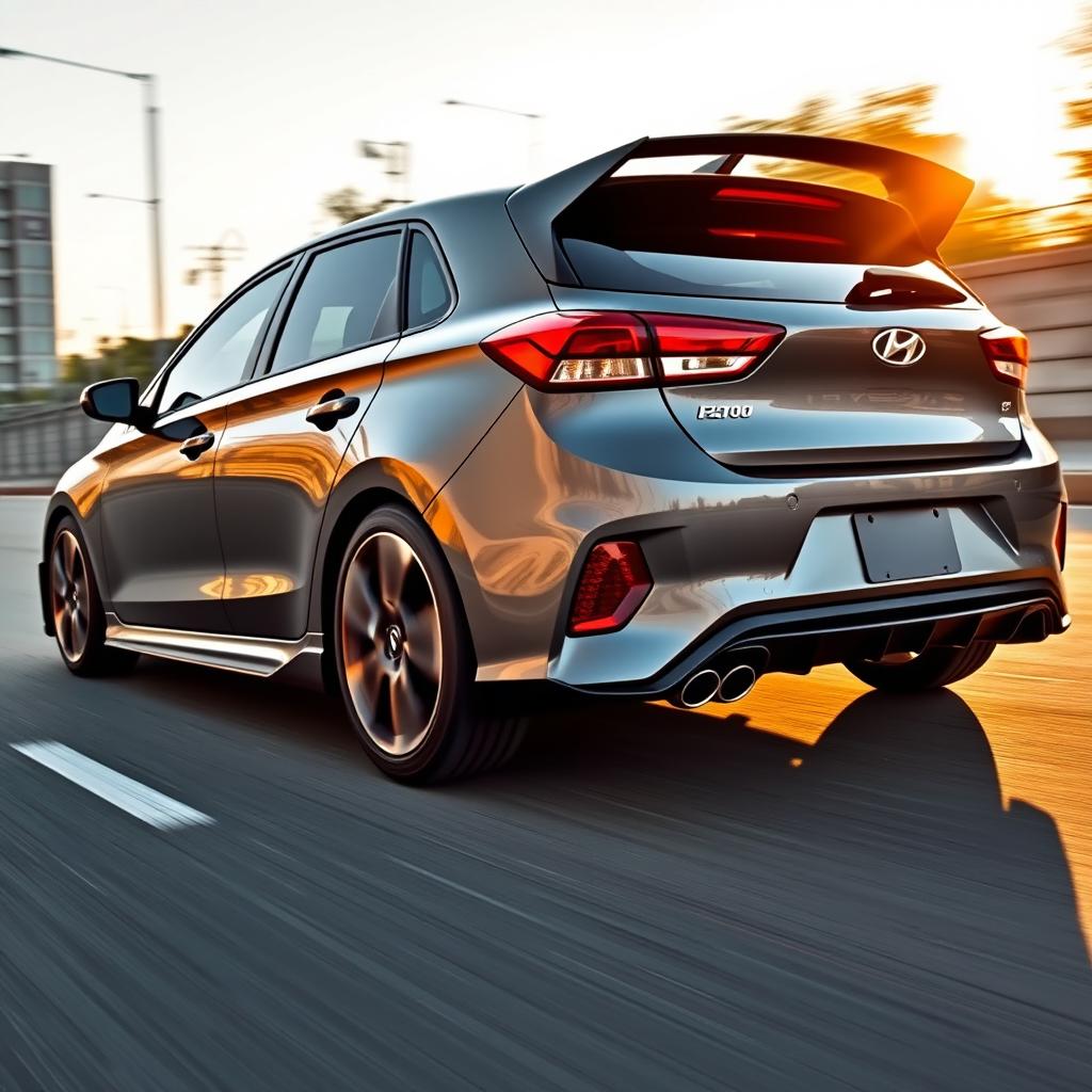 A sleek Hyundai i30 in a stunning monument gray color, featuring stylish sport skirts and an eye-catching rear spoiler