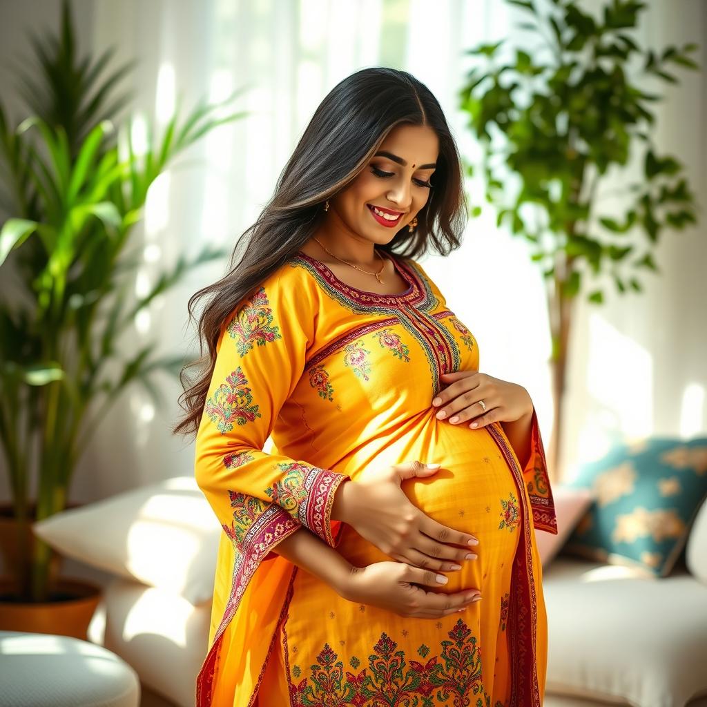 A beautiful Indian woman in a serene environment, proudly showcasing her pregnancy