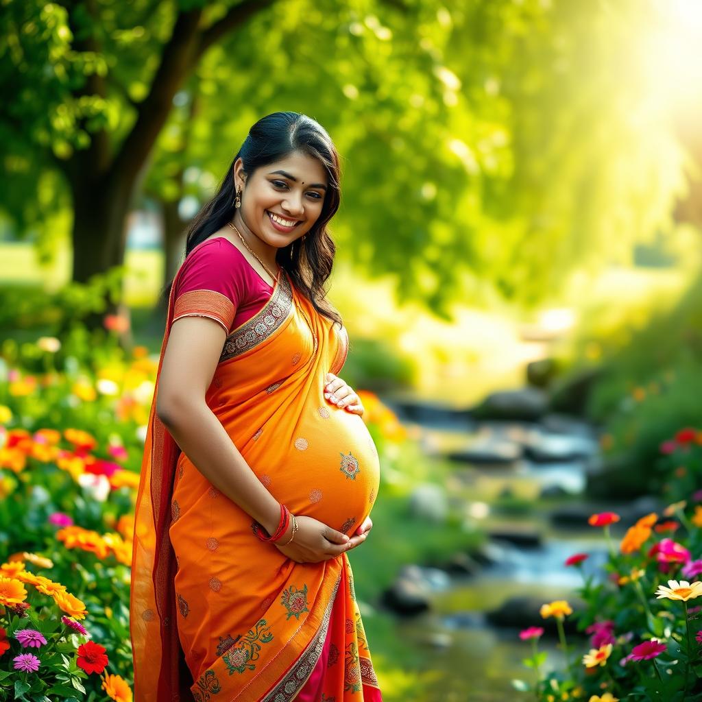 A beautiful Indian woman, gracefully showing her baby bump, standing in a serene garden filled with vibrant flowers