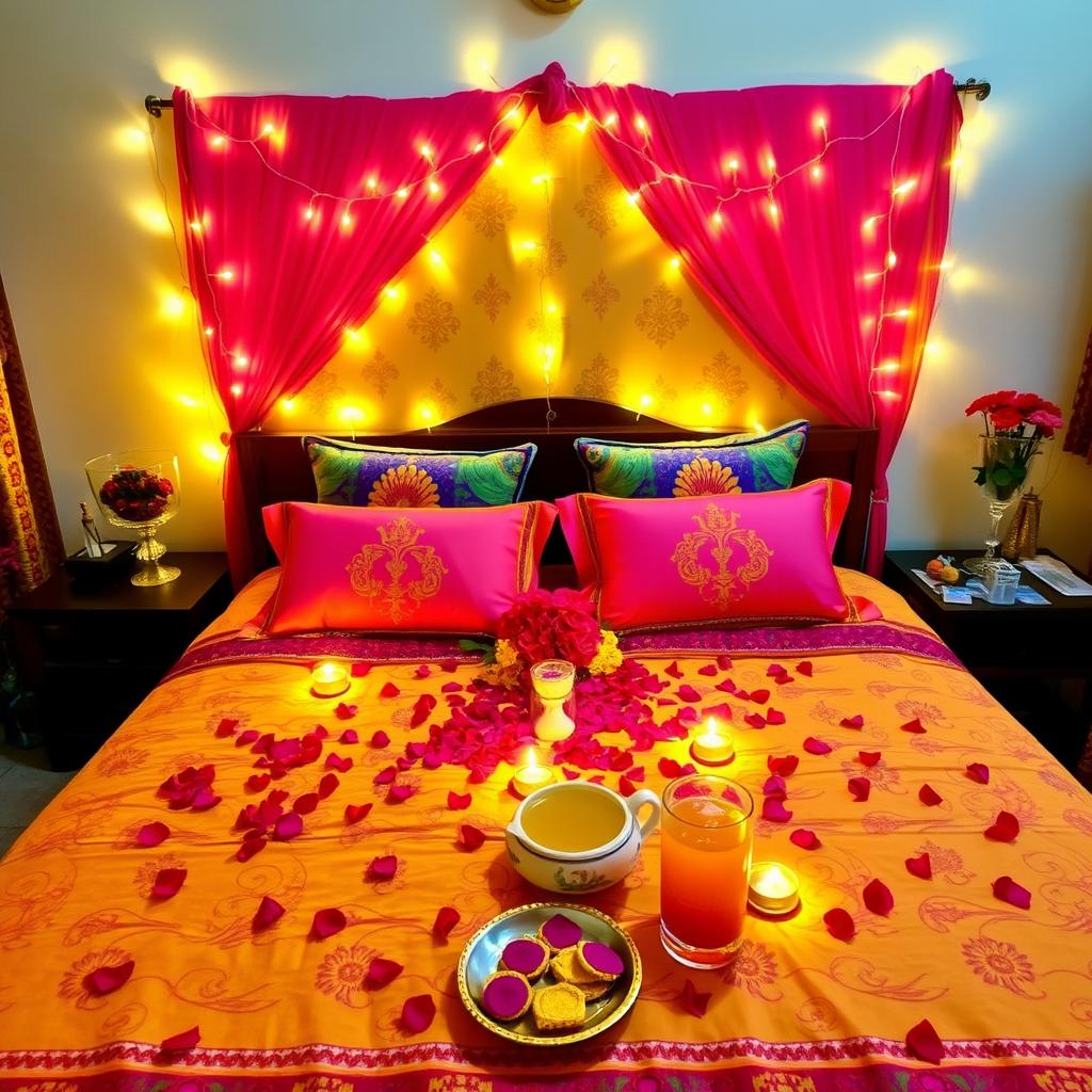 A beautifully decorated Indian bedroom for a first night celebration, featuring traditional elements such as vibrant colors, intricate patterns, and fairy lights