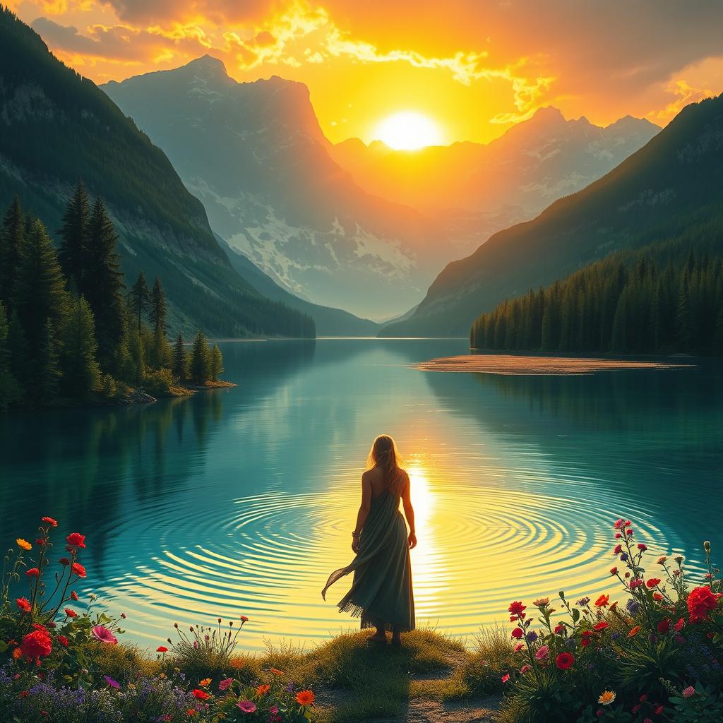 A mystical landscape featuring a serene lake surrounded by majestic mountains, with a vibrant sunset casting a golden glow over the scene