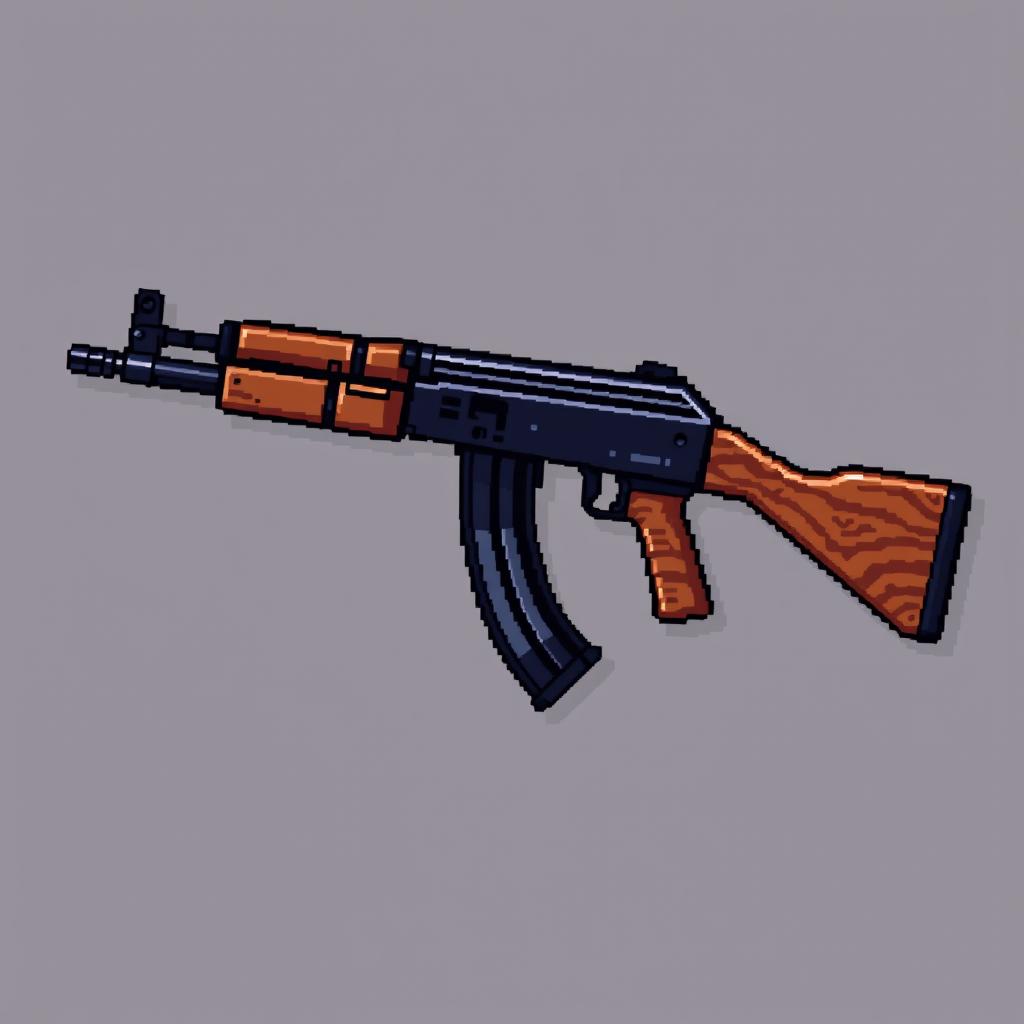 A detailed pixel art representation of an AK-47 assault rifle, showcasing its iconic design with attention to the distinctive wooden stock and black metal finish
