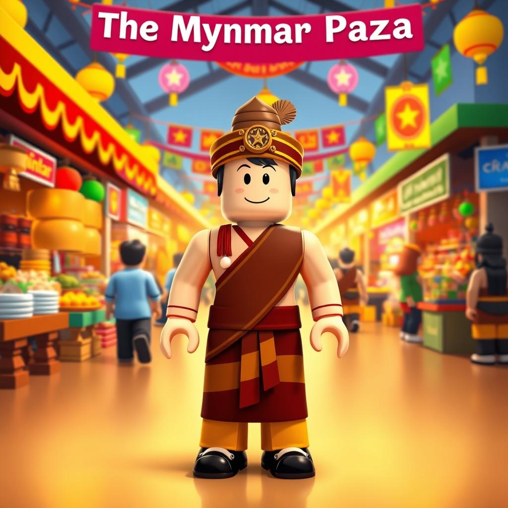 A colorful scene representing the Roblox game "The Myanmar Plaza" featuring a Roblox character dressed in traditional Myanmar attire