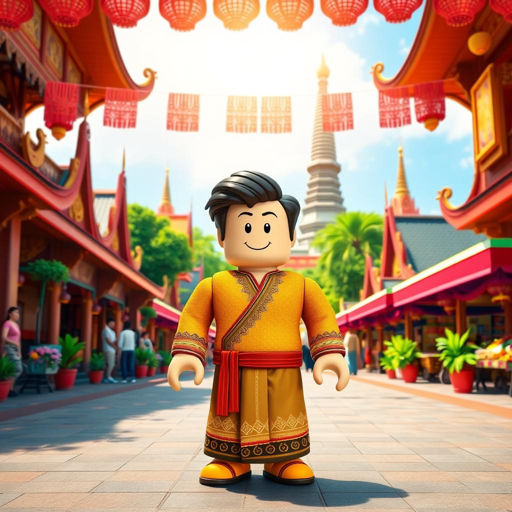 A Roblox character dressed in traditional Myanmar attire, standing in a vibrant, colorful plaza inspired by Myanmar culture