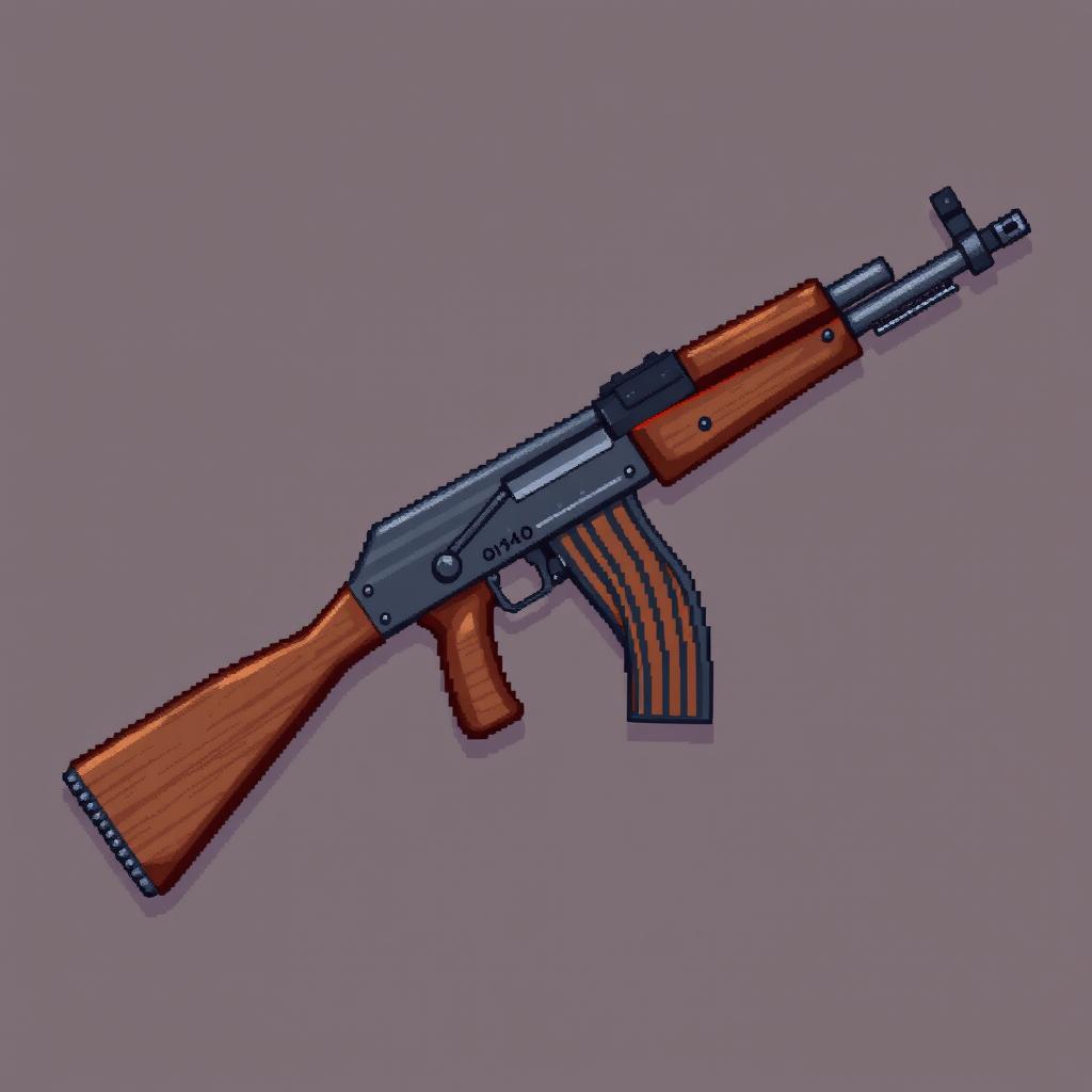 A realistic pixel art depiction of an AK-47 assault rifle in a 48x48 pixel format