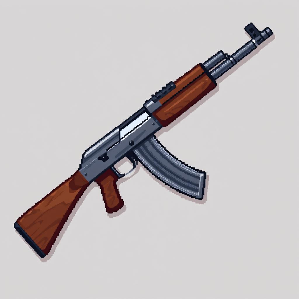 A realistic pixel art representation of an AK-47 assault rifle in a 48x48 pixel format