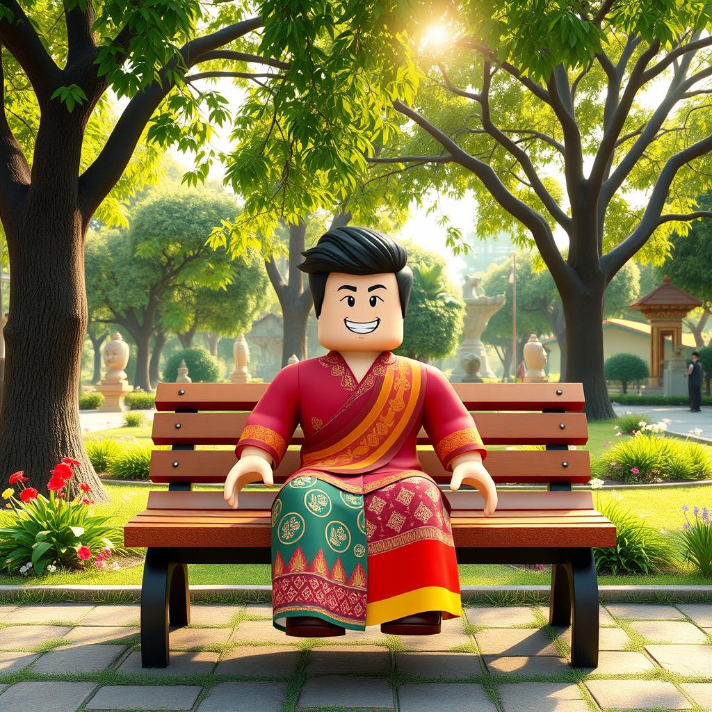 A Roblox character in traditional Myanmar attire sitting on a park bench, surrounded by a beautifully landscaped park inspired by Myanmar culture