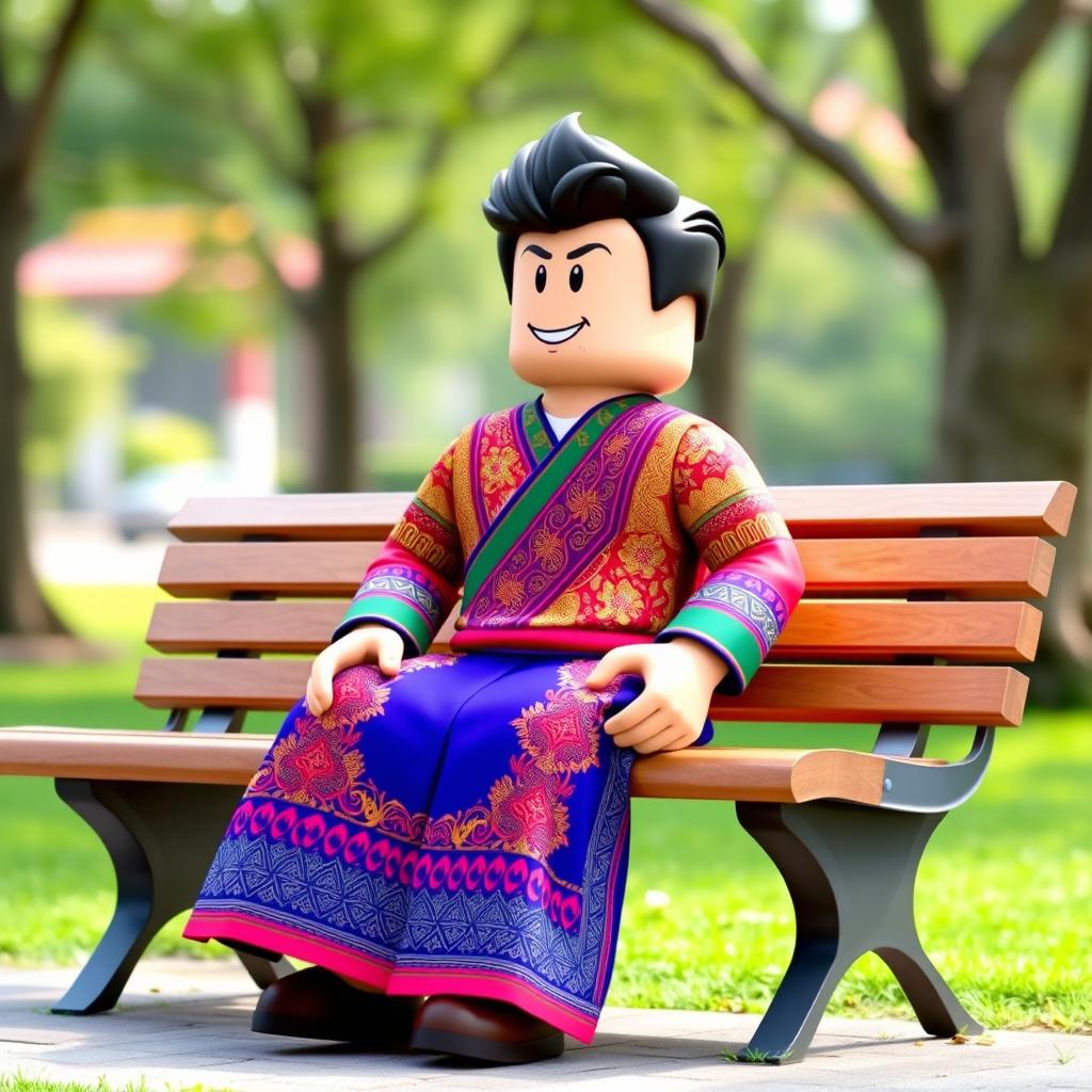 A Roblox character in traditional Myanmar attire sitting on a park bench