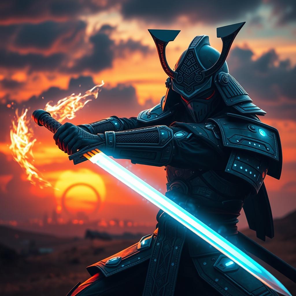 A futuristic samurai wielding a glowing sword (sabre) with flames licking at the blade, set in a dramatic landscape with an ethereal glow