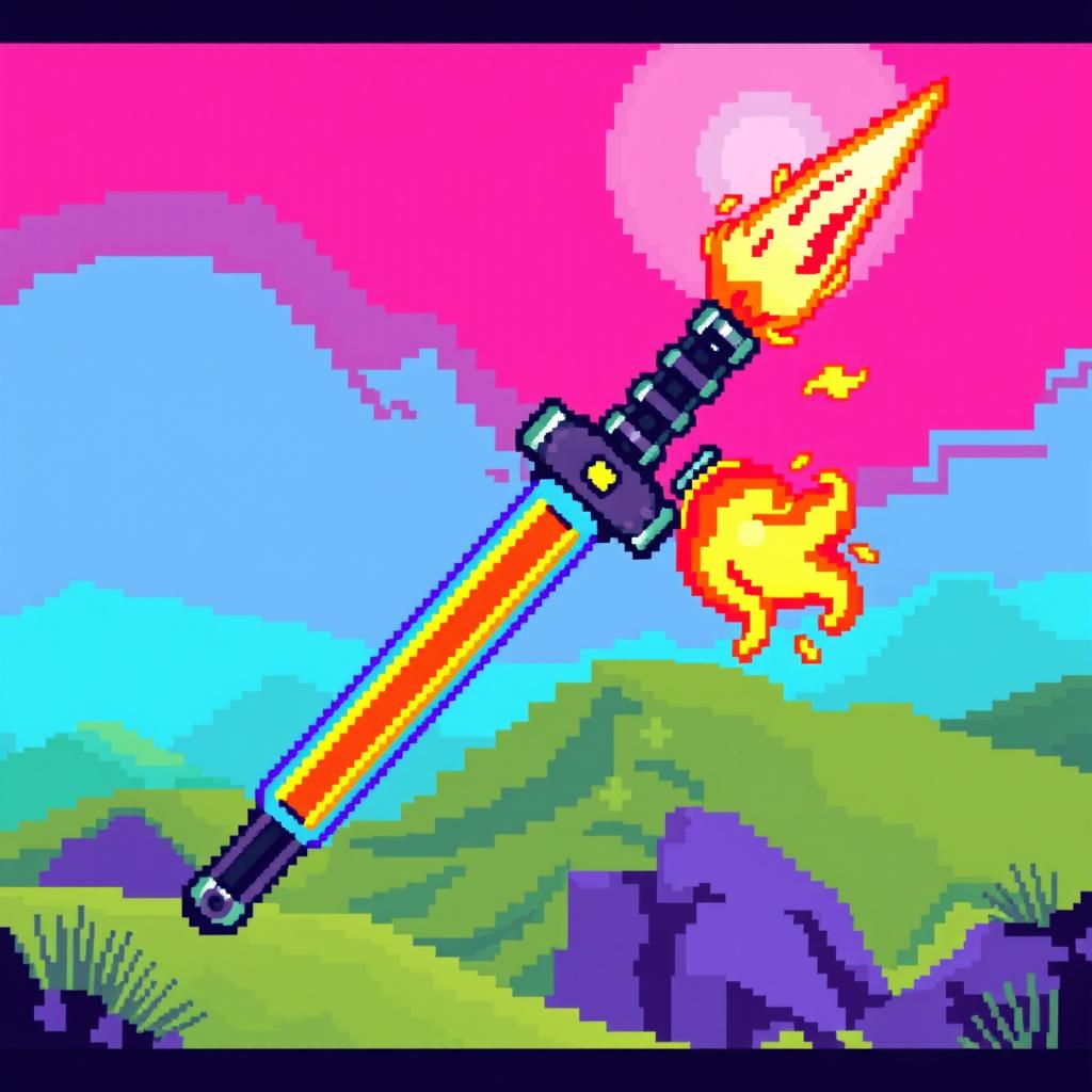 A vibrant pixel art depiction of a futuristic weapon that combines a saber with a flamethrower