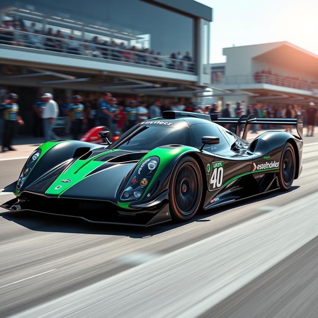A sleek, modern LMDh racing car in an aerodynamic design, featuring a striking black and dark green color scheme