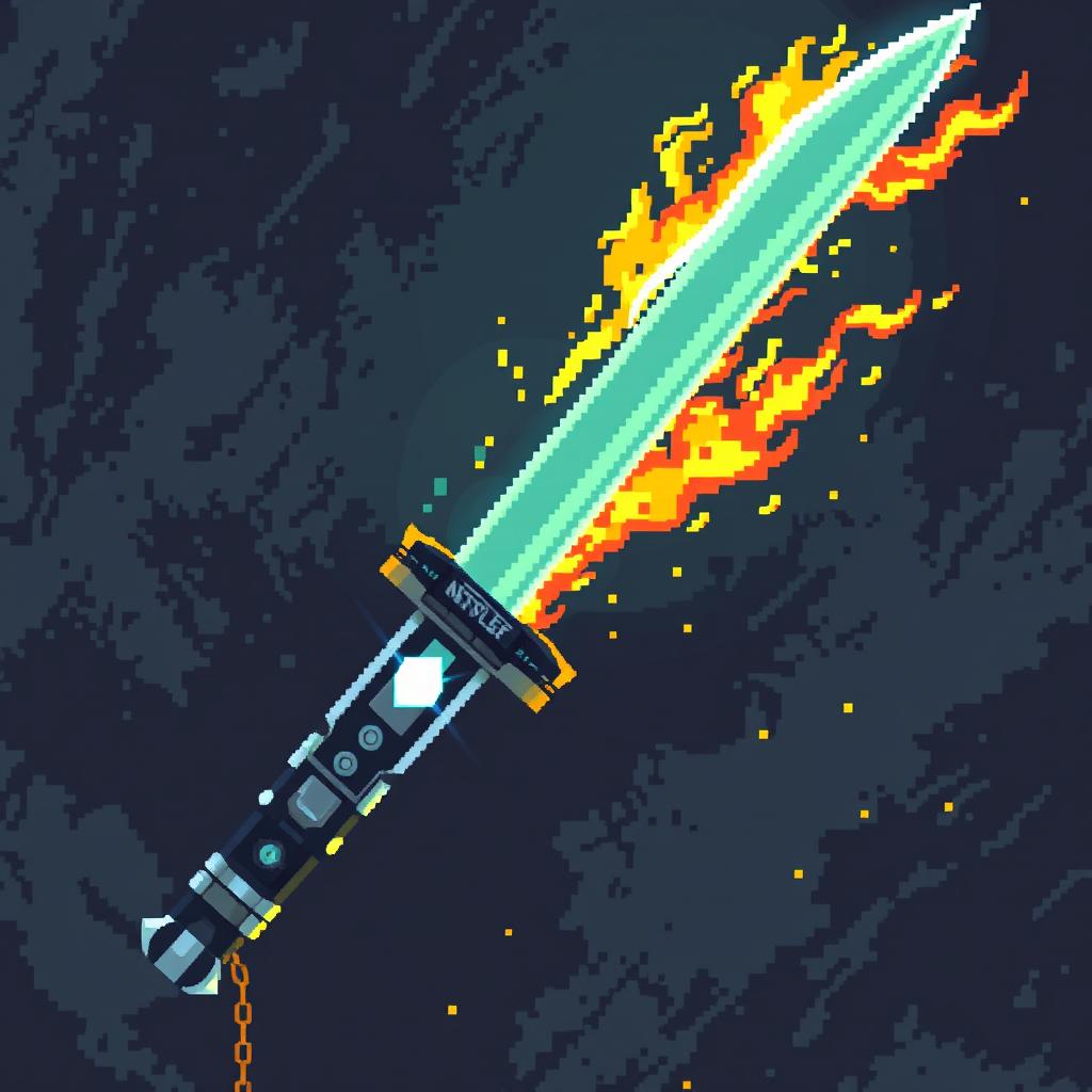 A realistic pixel art depiction of a saber combined with a flamethrower