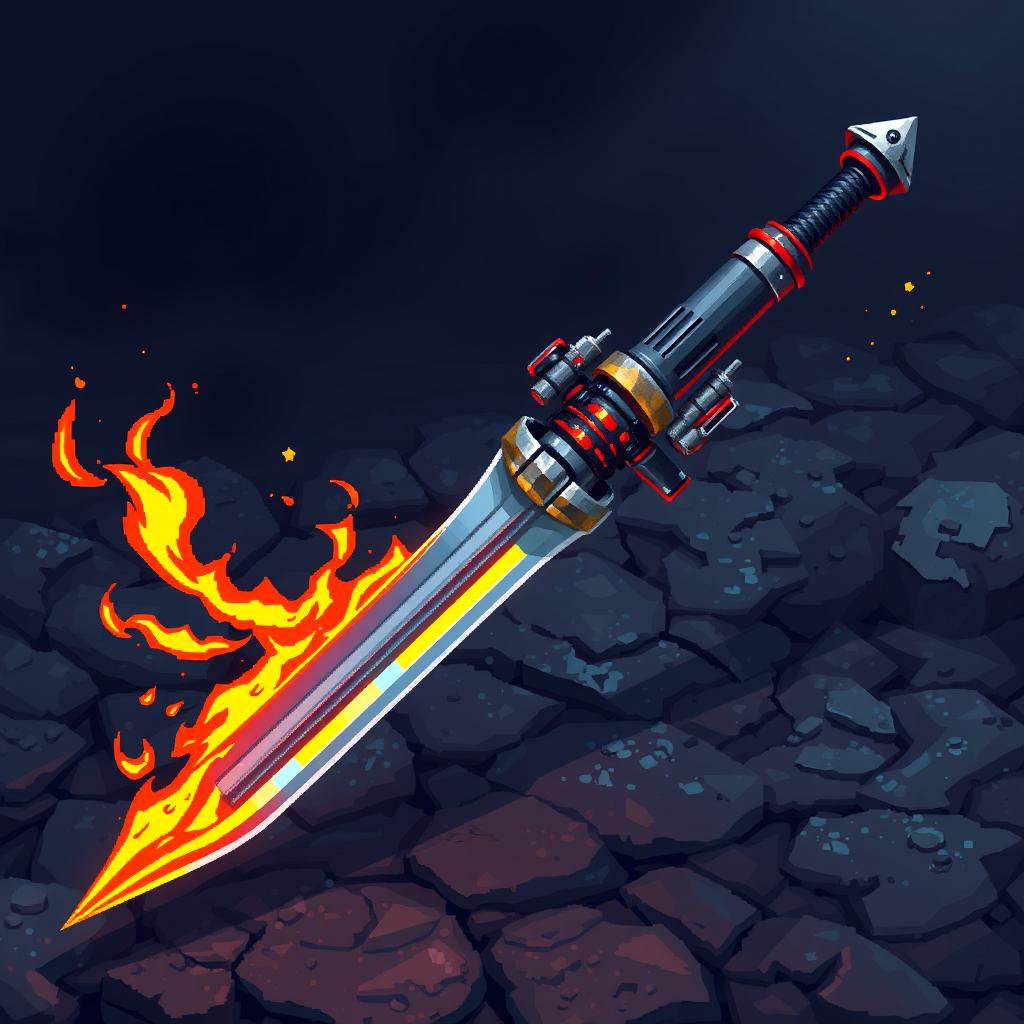 A realistic pixel art representation of a weapon that is a combination of a saber and a flamethrower