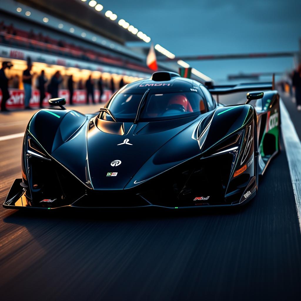 A sleek LMDh racing car showcasing a striking black and dark green color scheme, featuring a futuristic and aerodynamic design
