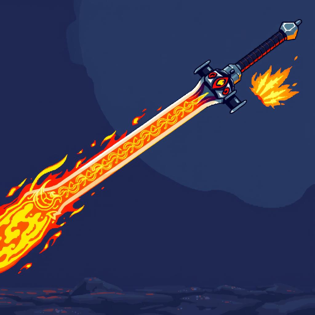 A realistic pixel art representation of a yatagan sword combined with a flamethrower