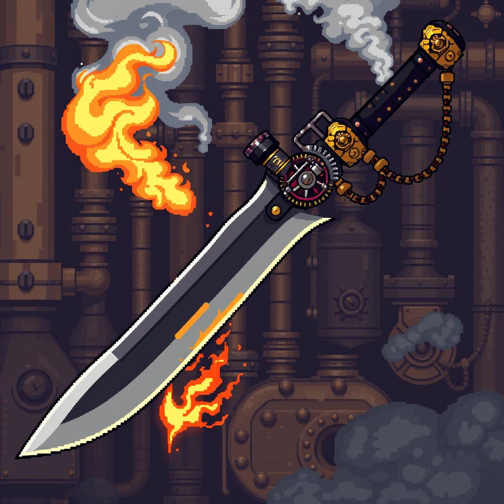 A realistic pixel art depiction of a yatagan sword combined with a flamethrower, designed in a steampunk style