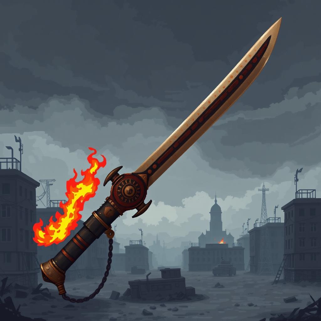 A dark, steampunk-inspired pixel art representation of a yatagan sword combined with a flamethrower, infused with Soviet aesthetics