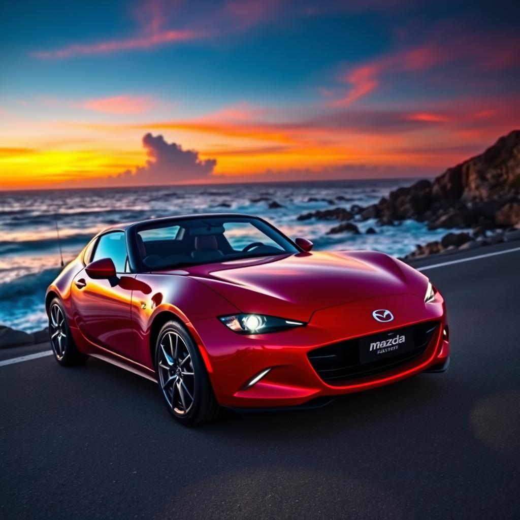 A sleek and stylish Mazda sports car parked on a scenic coastal road, vivid sunset in the background, showcasing its aerodynamic design and glossy red paint