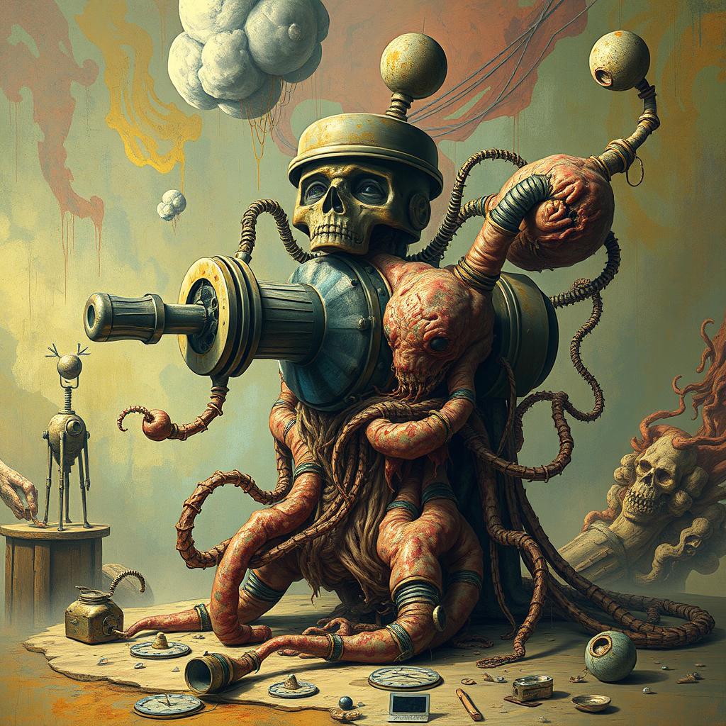 A surreal and eerie depiction of a self-assembling anomaly resembling a meat grinder