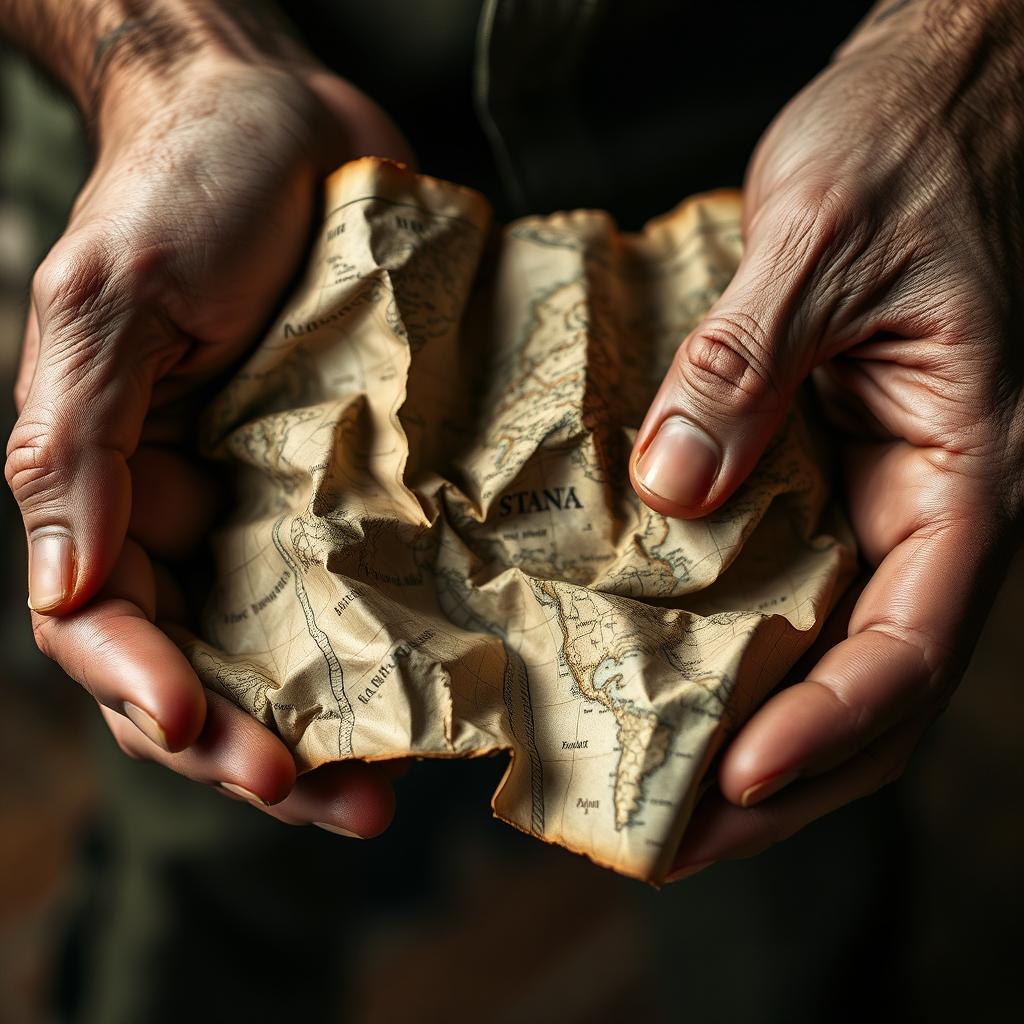 A close-up view of a pair of hands holding a detailed, vintage map, showing signs of wear and tear