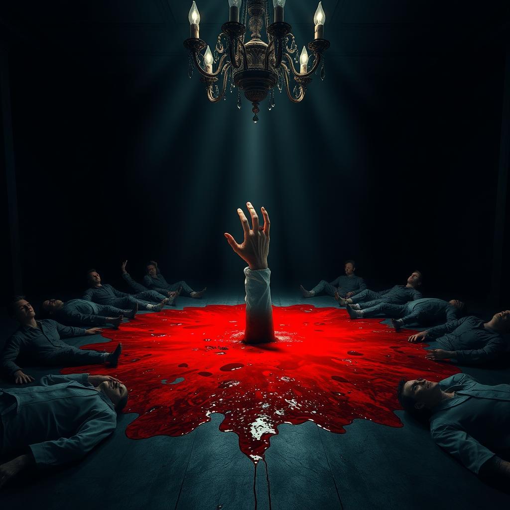 A dark, ominous scene set in a dimly lit room, with a flickering chandelier casting eerie shadows