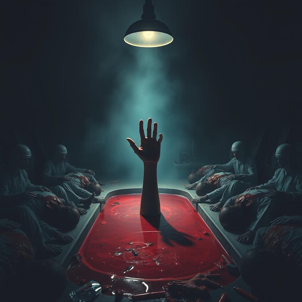 A dark laboratory illuminated by a flickering lamp, with a deep pool of blood at the center directly under the light
