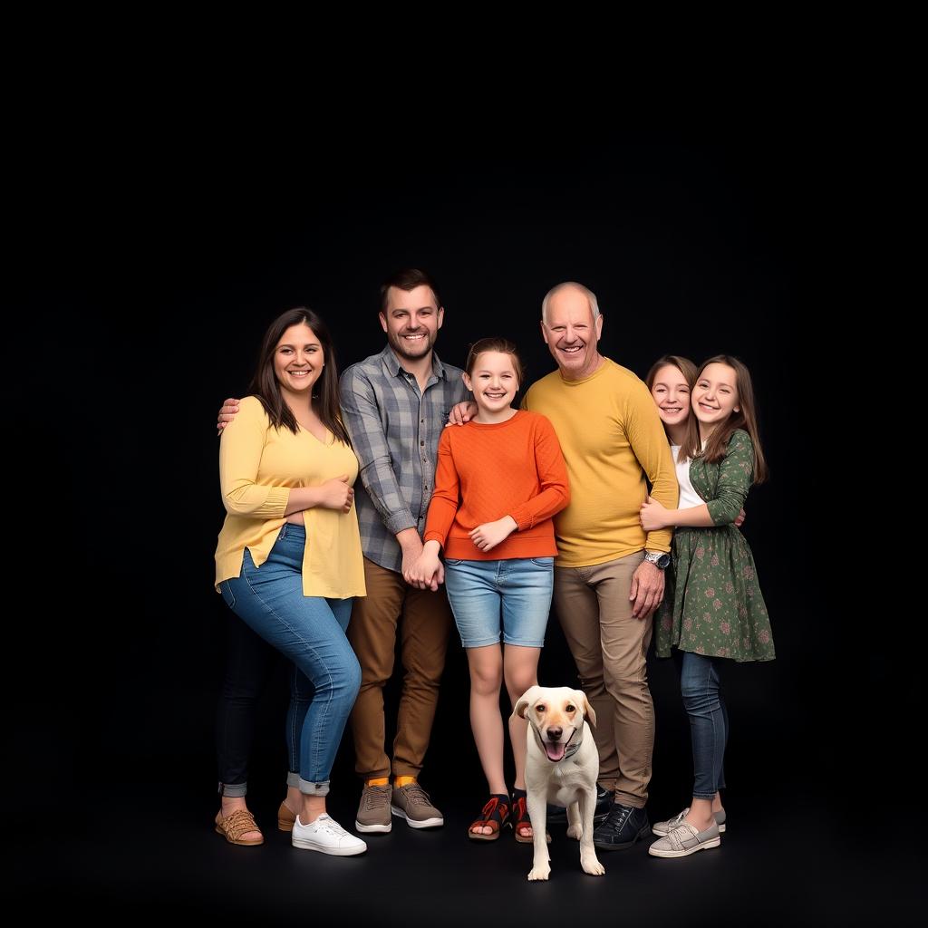 A heartwarming family portrait featuring a diverse group of family members happily standing together in front of a black background