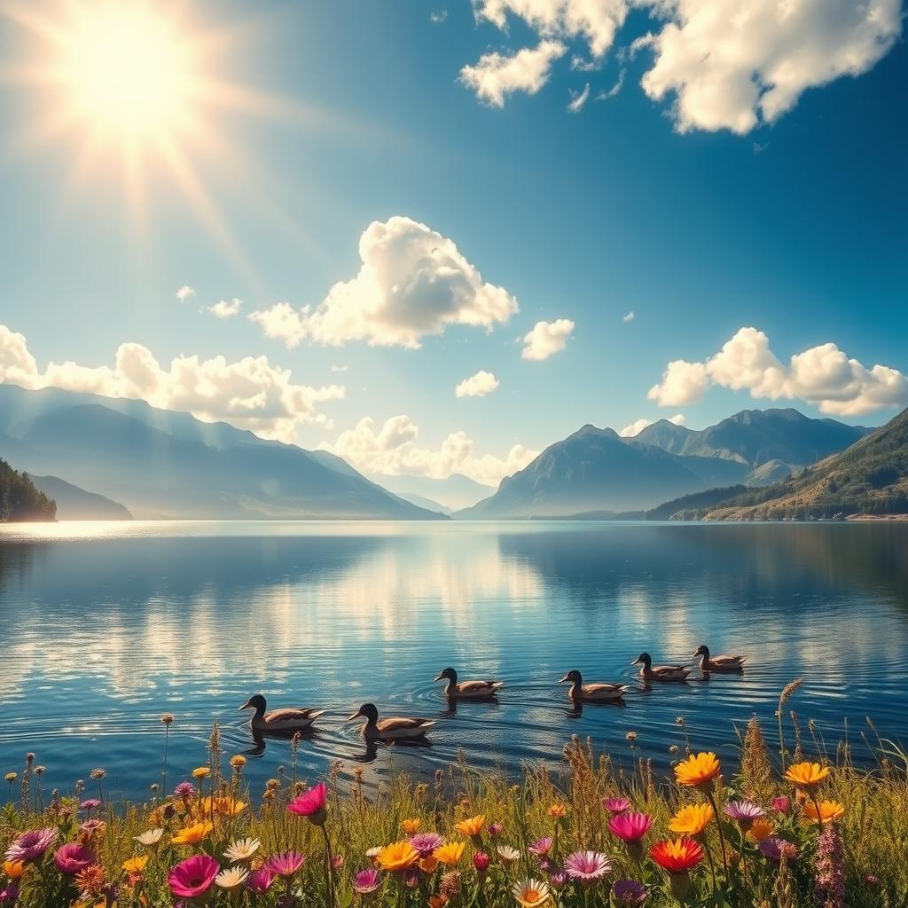 A vibrant landscape depicting a serene lake surrounded by majestic mountains, with a bright blue sky dotted with fluffy white clouds