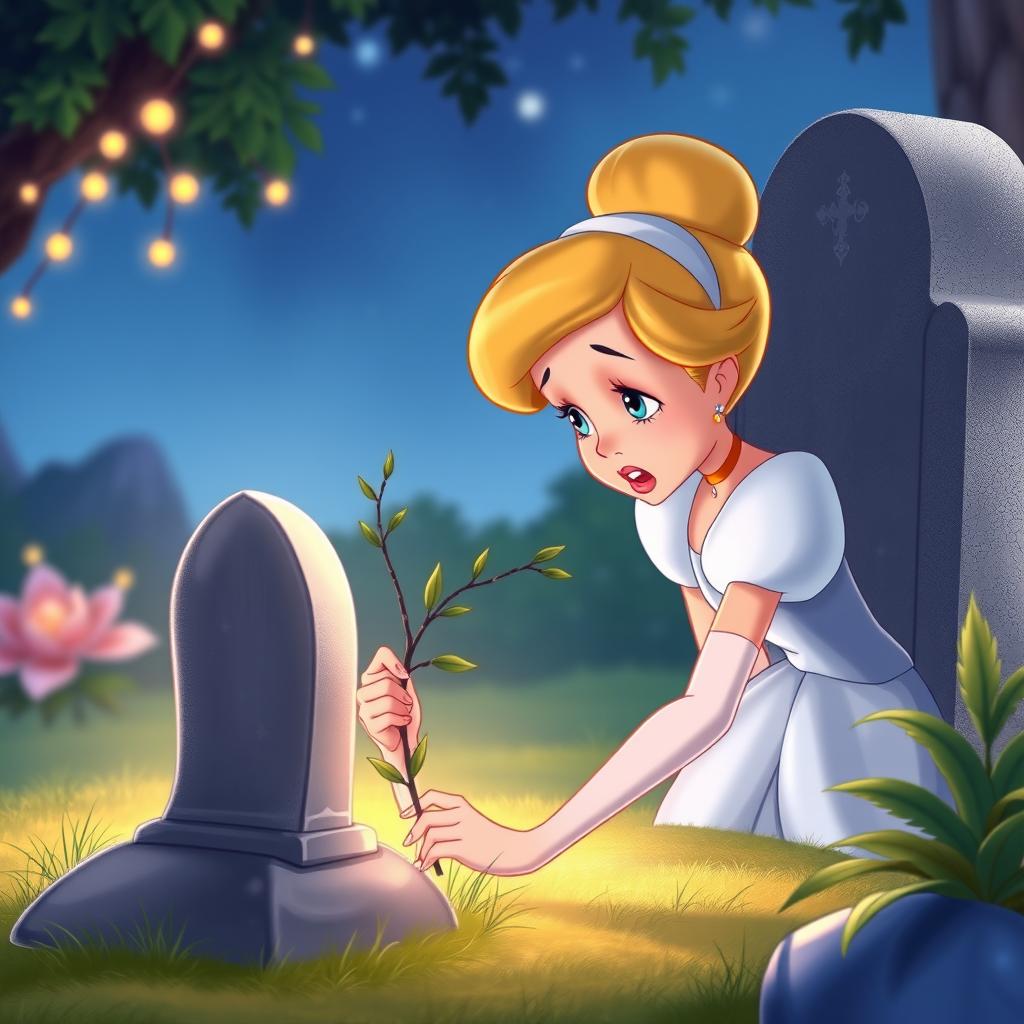 In a heartfelt scene, Cinderella, with tears streaming down her face, gently places a slender branch at the base of a gravestone, expressing deep sorrow and remembrance